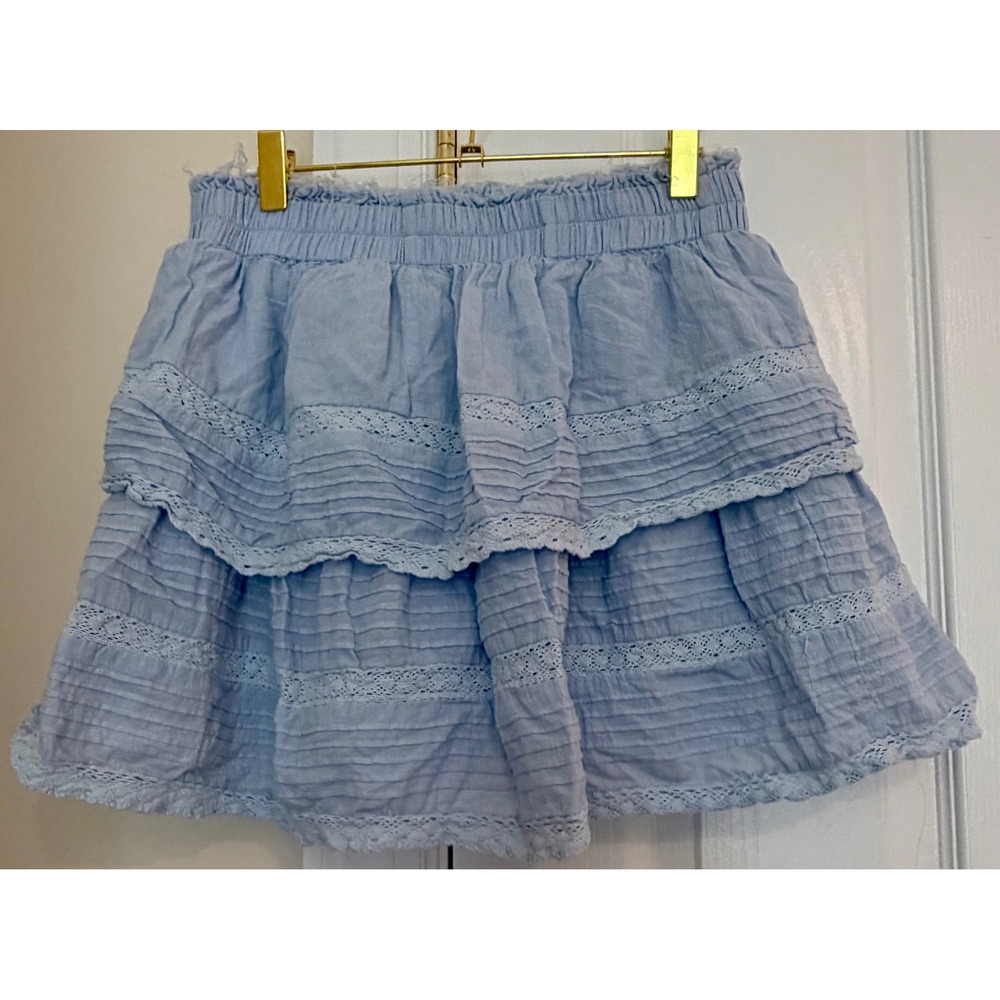 Talulah Light Blue Tiered Lace Trim Mini Skirt Elastic Waist Boho Ruffle‎ Large